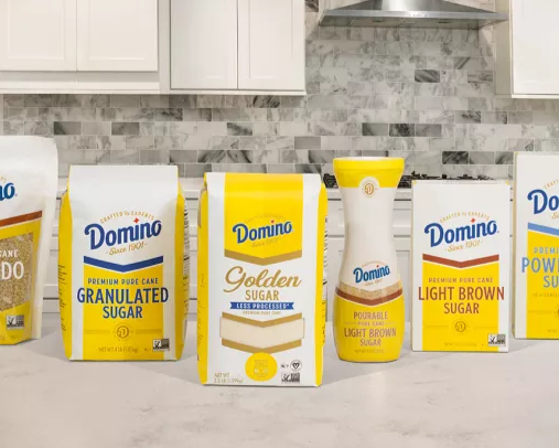 golden sugar, light brown sugar, and new domino sugar products